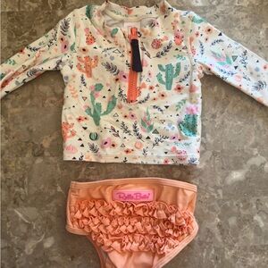 Ruffle Butts Cactus Print Rashguard Set - Peach and Green